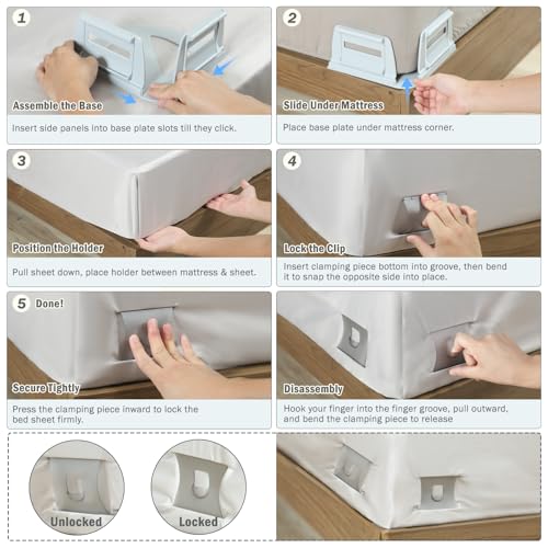 VOOWO Bed Sheet Holders For Corners - Bed Lock Sheet Holder Keep Sheets Firm & Tight, Heavy Duty Fitted Sheets Corner Holders, Mattress Corner Clips Bedsheet Gripper For King Queen Size Beds, Set of 4