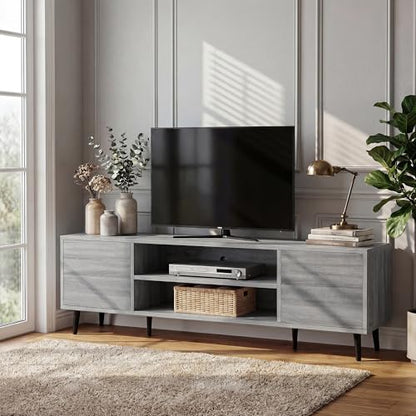 YESHOMY Mid-Century Modern TV Stand for 55-65 Inch TVs, 58 Inch Entertainment Center with Storage, Media Console with Push-to-Open Doors and Cable Management for Living Room, Bedroom(Light Gray)