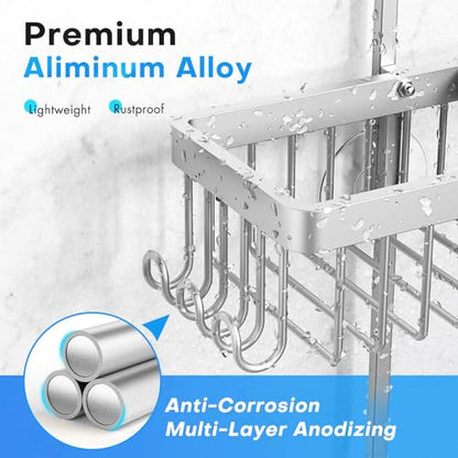 Sewulidon Aluminum Alloy Hanging Shower Caddy for Handheld Shower Heads,Rustproof Hose Shower Organizer 4 Levels Height Adjustable Shower Rack with Hooks,Razor Holder,Soap Holder