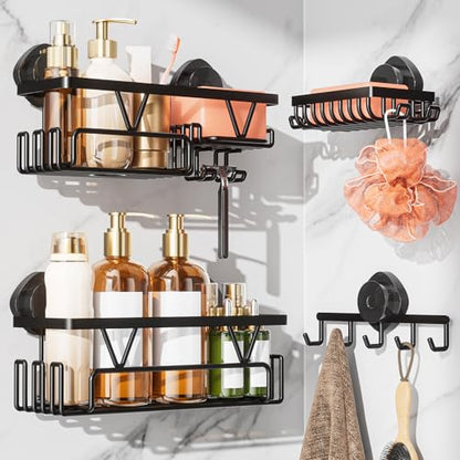 KEGII Shower Caddy Suction Cup, 4 Pack Suction Shower Shelf with Towel Rack No Drilling, Removable Shower Organizer with Hooks & Soap Holder, Space-Saving Bathroom Storage (Black)