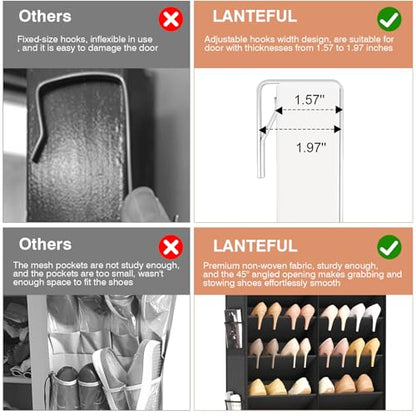 LANTEFUL Over the Door Shoe Organizer, Hanging Shoe Rack for Closet Door Shoe Storage for 30 Pairs Sneaker and Boots, Large Shoe Holder for Door with 10 Side Pockets, Space Saving, Black