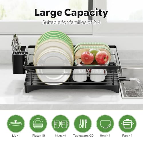 Simple Trending Dish Drying Rack, 12''W x 16''L, Black | Dish Rack for Kitchen Counter, Stainless Steel Dish Drainer, Cutlery Holder, Drainboard, Space-Saving, Easy Installation