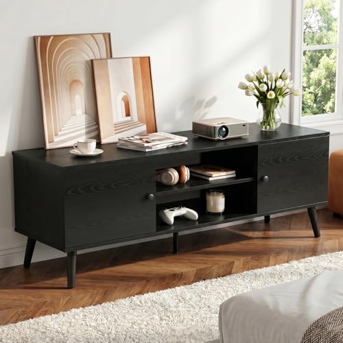 DUMOS TV Stand for 55 60 inch TV, Modern Mid Century Entertainment Center with Storage, Wooden Media Console Table with 2 Cabinets, for Living Room, Bedroom, Black
