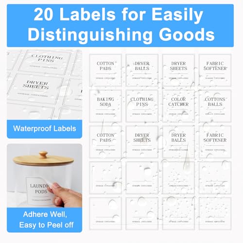 3+1 Pack Laundry Pods Containers & Dryer Sheet Holder & Laundry Detergent Dispenser, Laundry Room Organization and Storage Jars with Lids, Labels and Scoops for Scent Booster, Powder, Pods