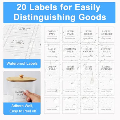 3+1 Pack Laundry Pods Containers & Dryer Sheet Holder & Laundry Detergent Dispenser, Laundry Room Organization and Storage Jars with Lids, Labels and Scoops for Scent Booster, Powder, Pods