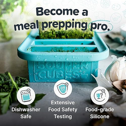 Souper Cubes 1/2 Cup Silicone Freezer Molds with Lids, Aqua, 2-Pack | 100% Platinum-Cured Silicone Freezer Cubes, Oven & Microwave Safe, Perfect for Freezing Broth, Sauces, Sides and More