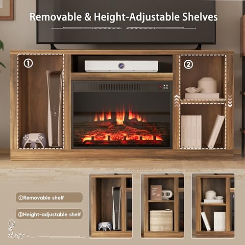 YESHOMY Electric Fireplace TV Stand for Televisions up to 65+ Inch, Mid Century Modern Media Entertainment Center Console Table with Four Open Storage Shelves & Cabinets, 58 Inch, Yelloe Barnwood