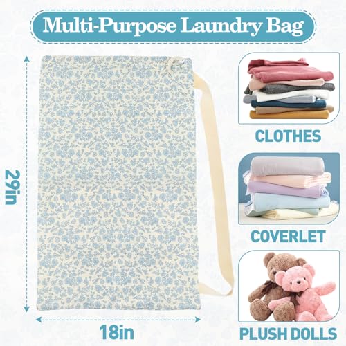Laundry Bag Backpack for Dorm & Travel, 29 x 18" Large Dirty Bag | Cute Blue Floral College Clothes Pouch with Straps and Handles. Ideal for Apartment, Camp and Portable Bag for Laundromat