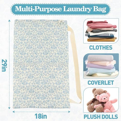 Laundry Bag Backpack for Dorm & Travel, 29 x 18" Large Dirty Bag | Cute Blue Floral College Clothes Pouch with Straps and Handles. Ideal for Apartment, Camp and Portable Bag for Laundromat