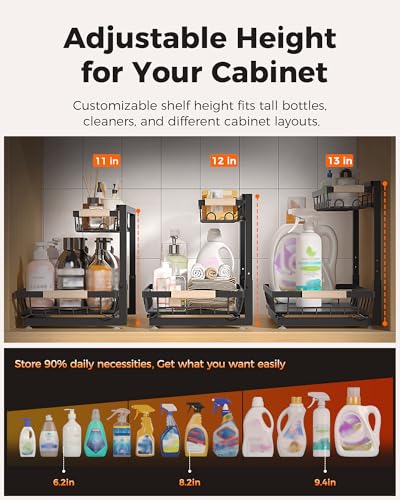 3-Pack 2-Tier Height Adjustable Under Sink Organizer, Black | Multi-purpose metal storage shelf with sliding shelves for kitchen, bathroom, pantry & laundry cabinet
