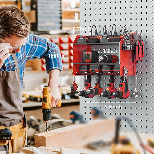 CCCEI Wall Mount Modular Tool Charging Organizer, Red, 1 Pack, 3 Tier. | Drill Battery Storage Rack with Hooks, Garage Workshop, Gifts for Men, Dad, Husband Anniversary, Birthday, Christmas