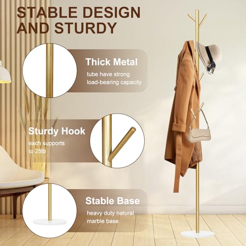 Coat Rack, Metal Freestanding Coat Rack with 8 Hooks, Sturdy Coat Tree with Natural Marble Base for Coats, Hats, Scarves and Handbags for Entryway, Hallway, Bedroom, Office,Dorm (Gold)