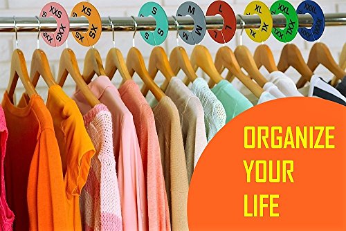 Clothing Rack Size Dividers for Retail Shops, XXS-XXXL, 40 Pieces, 8 Colors | Round Plastic Size Rings, Tags, Hangers, or Separators for Shirt, Closet, and Garment Racks, Small Medium Large