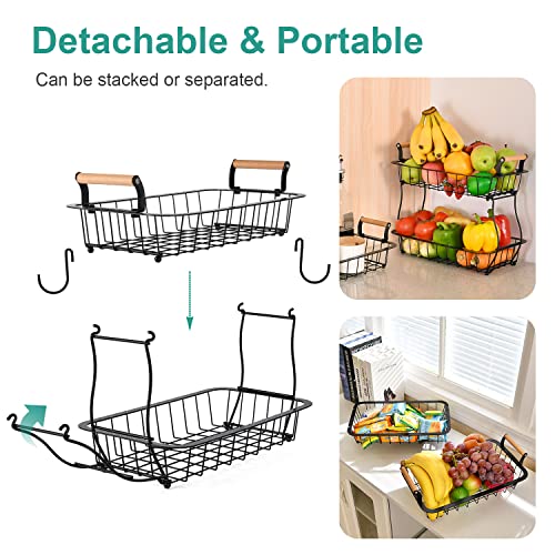 2 Tier Fruit Basket with 2 Banana Hangers, Countertop Fruit Vegetable Basket Bowl for Kitchen Counter Metal Wire Fruits Storage Stand Holder Organizer for Bread Snack Veggies Produce