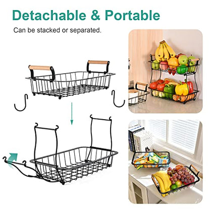 2 Tier Fruit Basket with 2 Banana Hangers, Countertop Fruit Vegetable Basket Bowl for Kitchen Counter Metal Wire Fruits Storage Stand Holder Organizer for Bread Snack Veggies Produce