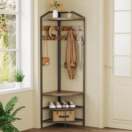 Corner Hall Tree with Shoe Bench Entryway Coat Rac... (Rustic Brown | Engineered Wood)