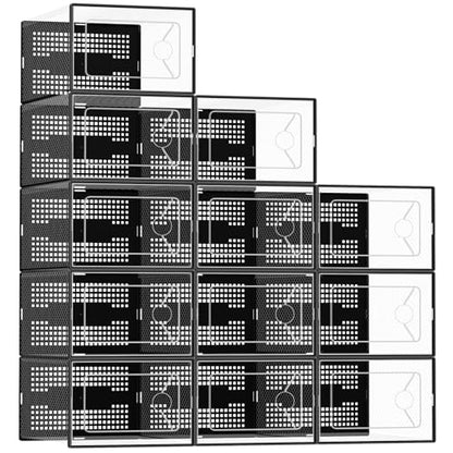 DUMOS Shoe Storage Boxes, 12-Pack Stackable Clear Shoe Containers with Lids, Display Sneaker Case Organizer for Closet, Under Bed, Entryway, Black, Fit Size 11