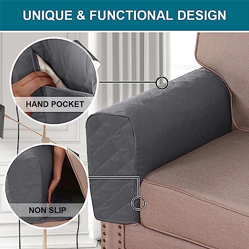 Turquoize 2 Pack Waterproof Armrest Covers for Chairs and Sofas Couch Arm Covers for Sofa Armrest Covers with Side Pocket Anti-Slip Furniture Protector Washable Armrest Slipcovers Set of 2, Gray