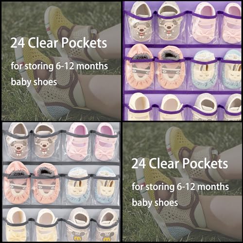 Dual-sided Baby Shoe Organizer Closet Hanging Toddler Shoes Storage for Kids Bow Socks Underwear Holder with 48 Clear Pockets (Grey)