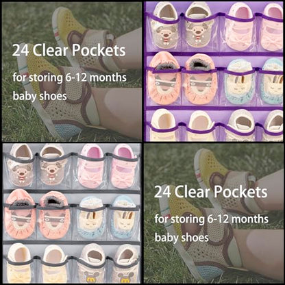 Dual-sided Baby Shoe Organizer Closet Hanging Toddler Shoes Storage for Kids Bow Socks Underwear Holder with 48 Clear Pockets (Grey)
