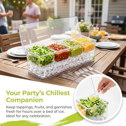 Large Ice Chilled Condiment Server with Lid, 4 Com... (Clear | Plastic)