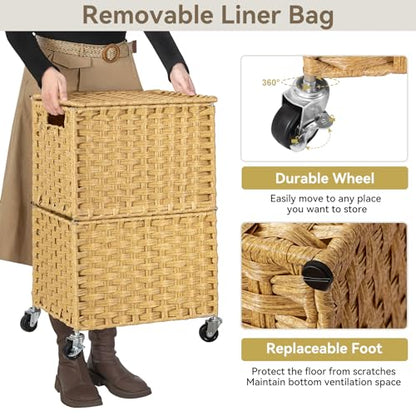 Chrislley Wicker Laundry Basket with Wheels,Rolling Laundry Hamper with Lid | 90L Slim Clothes Hamper with Wheels & Removable Liner Bag, Handwoven Rattan Laundry Organizer for Bedroom, Bathroom, Yellow
