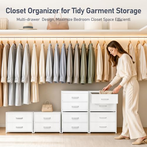 DIMJ Stackable Storage Drawers for Closet Organizers and Storage - Small Dresser for Closet with 4 Fabric Drawers, Closet Storage Drawers, Dresser for Bedroom Organizer for Small Spaces, White