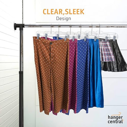 Premium 14 Inch Clear Pants Hangers with Adjustable Clips - 12 Pack Space-Saving Skirt Hangers - Non-Slip Heavy Duty Plastic Closet Organizers with 360° Swivel Hook
