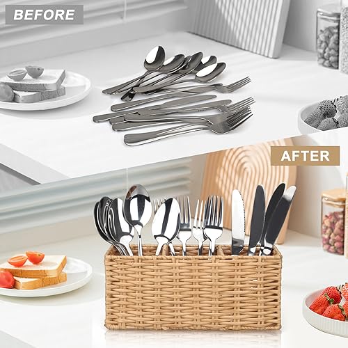 Flatware Silverware Caddy Party Cutlery Utensil Holder Organizer Counter | Plastic Silverware Holder Table Wicker Small Kitchen Utensils Holder for Countertop Fork Spoon Organizer Cutlery Caddy Basket