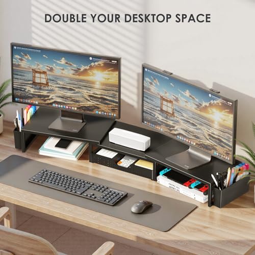 Desk Organizers and Accessories, Dual Monitor Stand Riser with Drawer and 2 Pen Holders, Desk Shelf Computer Racks for Office Workspace Organizers, Desktop Organization (Black)