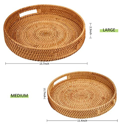 Round Rattan Serving Tray with Handles,2 Hand Woven Basket, Home Decor Organizer Tray for Breakfast, Tea, Snack, Fruit, Coffee, Storage (Large + Medium)(14.17inchX2.3inch+11.9inchX1.7inch