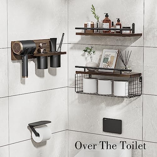 Bathroom Floating Shelves with Hair Dryer Holder - Wall Mounted Wood Wall Shelf with Blow Dryer Storage Over The Toilet - Set of 3 Rustic Brown Farmhouse Decor