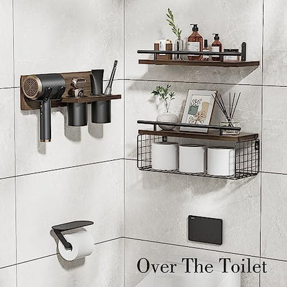 Bathroom Floating Shelves with Hair Dryer Holder - Wall Mounted Wood Wall Shelf with Blow Dryer Storage Over The Toilet - Set of 3 Rustic Brown Farmhouse Decor