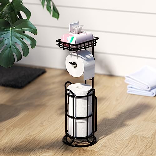[Upgrade] Toilet Paper Holder Stand with Shelf Tissue Holders for Bathroom Free Standing Bath Tissue Roll Holder Magazine Rack for Mega Rolls/Phone/Wipe-Black