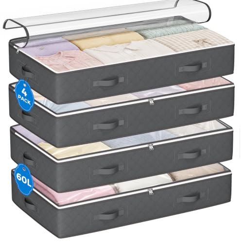 Under Bed Storage Containers, Storage Bins with Clear Lids | 4 Pack foldable organizers for clothes, blankets, shoes, bed sheets, comforter, wrapping paper, dorm storage