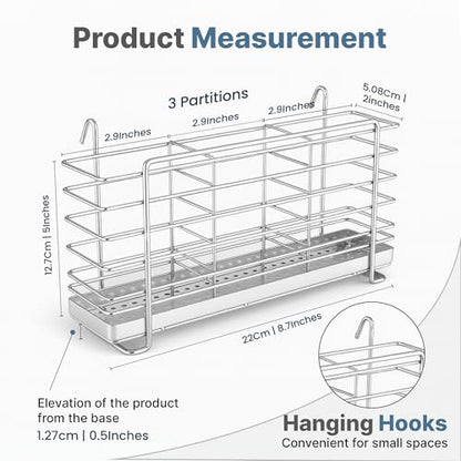 KESOL 304 Stainless Steel Utensil Holder Drying Rack with Hooks, 2x8.7x5 | Utensil Drying Rack, Sink Caddy, Silverware Drying Rack Spoon Organizer, 3 Divided Compartments, Rust Proof, No Drilling