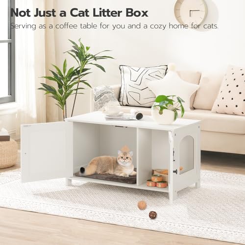 HOOBRO Litter Box Enclosure, Cat Litter Box Furniture with Removable Divider, Large Hidden Litter Box Furniture, Wooden Cat House, End Side Table, 31" L x 17.5" W x 19.7" H, White WT03MW01G2