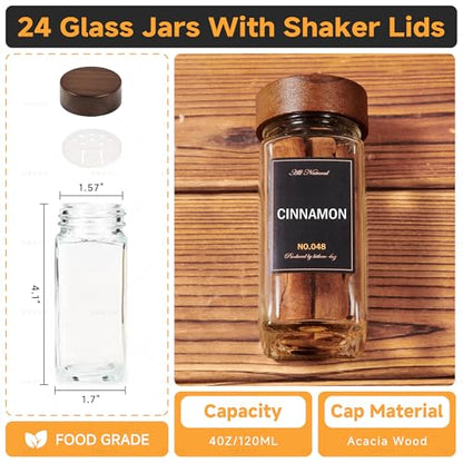 4-Tier Wall Mount Spice Rack Organizer with 24 Glass Jars, 216 Labels & Funnel - Screw/Adhesive Mount, Black Metal & Wood Spice Storage for Kitchen Pantry Cabinet, 11.6”L x 2.4”W x 3.2”H