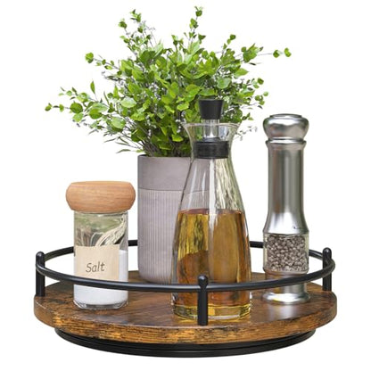 Lazy Susan Organizer：9 Inch Rotating Spice Rack for Kitchen Countertop Round Wooden Turntable Holder for Cabinet, Dining Table, Cupboard Storage – Black
