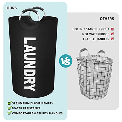 90L Large Laundry Basket, Dirty Clothes Waterproof Laundry Hamper, Black | Collapsible Laundry Basket with Foam Protected Aluminum Handles for Laundry Dorm Family, Black Dirty Clothes Hamper