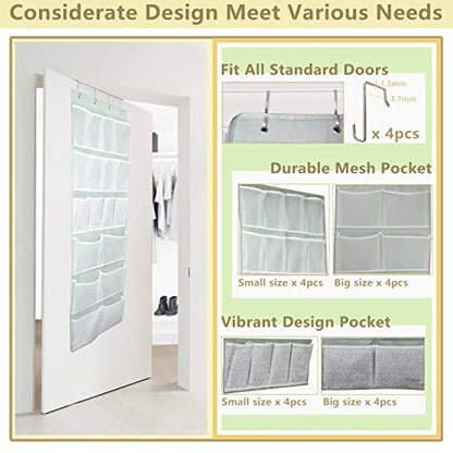 18 Pockets Over the Door Organizer with 4 Kind Pockets,Behind Door Shoes Rack,Back of Closet Storage Organization for Socks,Hat,Underwear,Luggage Packing,Hanging Holder Shelf in Home Dorm,Travel,Green