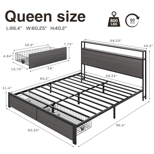 PHGLL Queen Bed Frame with 2-Layer Storage Headboard, Platform Metal Bed Frame with 2 Storage Drawers & 20W Fast-Charging Station & LED, Noise-Free, No Box Spring Needed, Easy Assembly, Rustic Grey