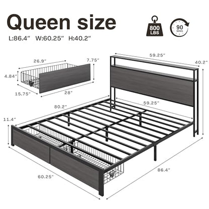 PHGLL Queen Bed Frame with 2-Layer Storage Headboard, Platform Metal Bed Frame with 2 Storage Drawers & 20W Fast-Charging Station & LED, Noise-Free, No Box Spring Needed, Easy Assembly, Rustic Grey