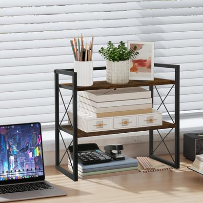 Desktop Shelf Organizer, 2 Tier Office Shelves, Wood Desk Organizer Storage Rack and Freestanding Display Shelf for Office, Dormitory, Home