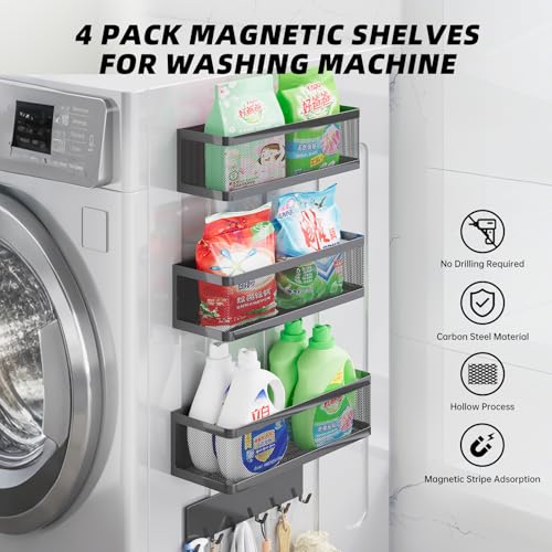 4 Pack Magnetic Shelves with Hook Rack for Washing Machine, Magnet Baskets | Heavy Duty, Supports up to 16.5 lbs, Simply Attach and Start Using, Magnetic Baskets for Washer & Dryer, Laundry Organizer