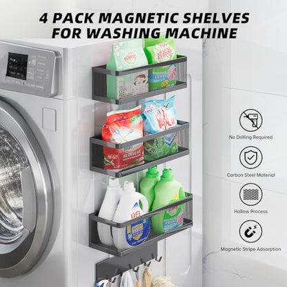 4 Pack Magnetic Shelves with Hook Rack for Washing Machine, Magnet Baskets | Heavy Duty, Supports up to 16.5 lbs, Simply Attach and Start Using, Magnetic Baskets for Washer & Dryer, Laundry Organizer