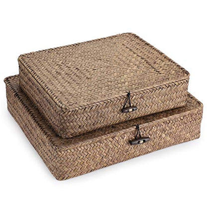 Hipiwe Set of 2 Flat Woven Wicker Storage Bins with Lid Seagrass Basket | Natural Decorative Baskets Multipurpose Home Boxes for Shelf Organizer Home Decor (Coffee)
