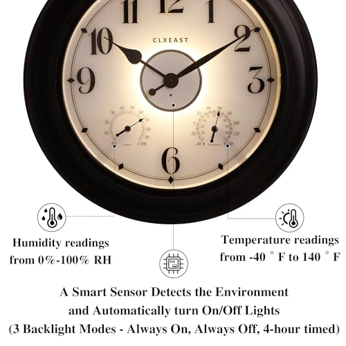 24 Inch Large Illuminated Outdoor Clocks Waterproof,IP65 Rating | Built In Adjustable Thermometer & Hygrometer, Bronze Black Metal, Weatherproof & Easy to Read for Patio, Pool & Home Decor