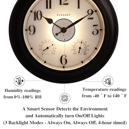 24 Inch Large Illuminated Outdoor Clocks Waterproof,IP65 Rating | Built In Adjustable Thermometer & Hygrometer, Bronze Black Metal, Weatherproof & Easy to Read for Patio, Pool & Home Decor
