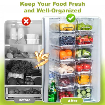 4-Pack Refrigerator Drawer Organizer Bins, Clear Stackable Pull Out Fridge Organizers and Storage Container, with Strainer Layer for Fruits, Vegetables, Drinks, Snack and Food